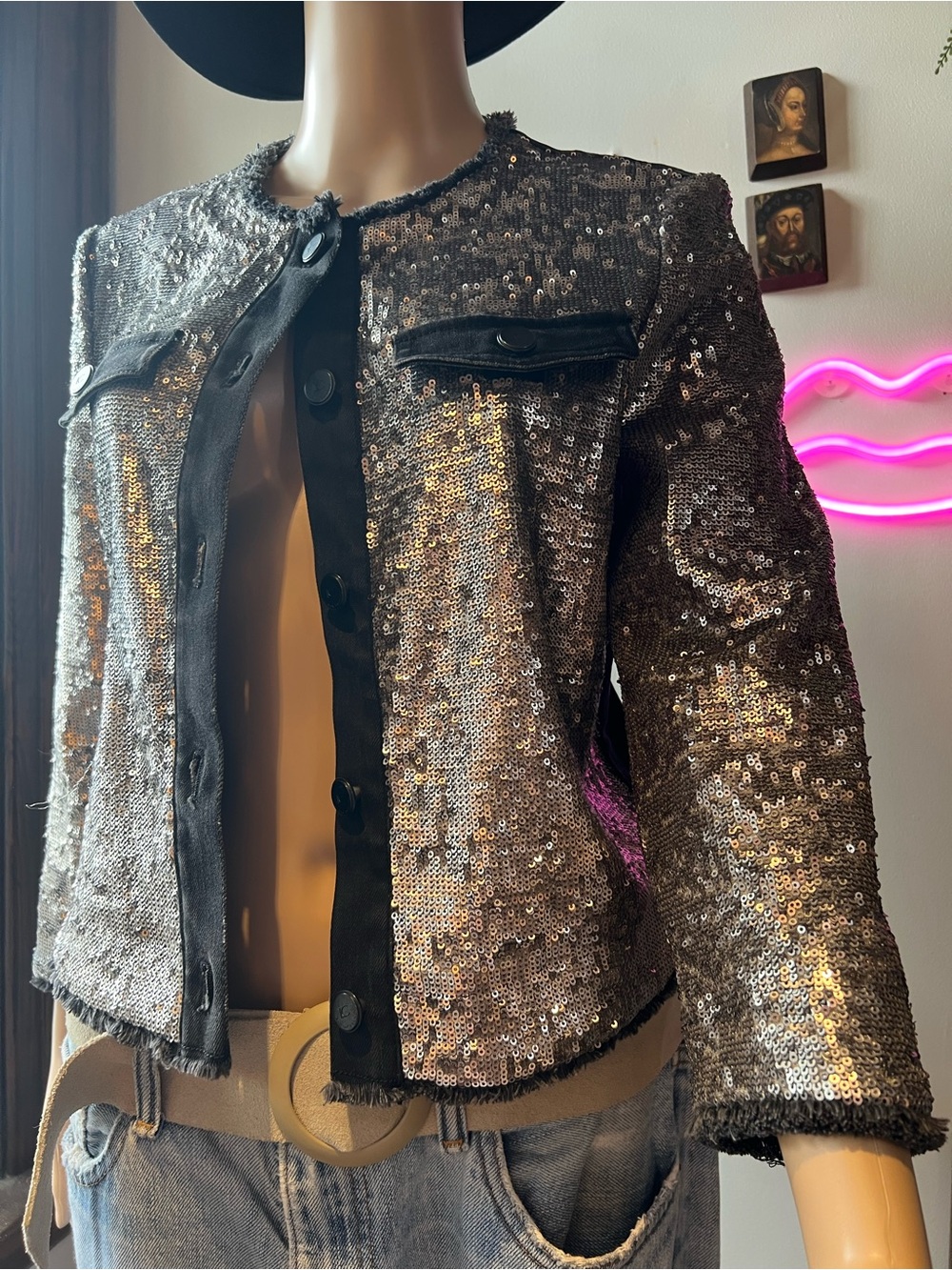 Luisa CERANO Silver Sequin & Black Denim Jacket